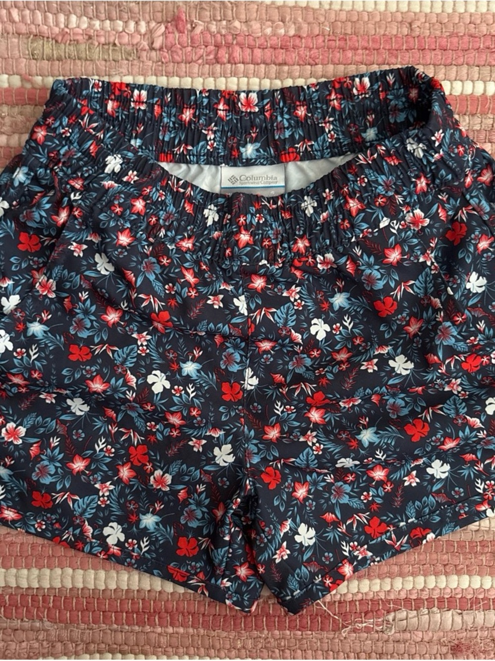 Columbia Navy Floral Athletic Shorts with Red & White Blossoms